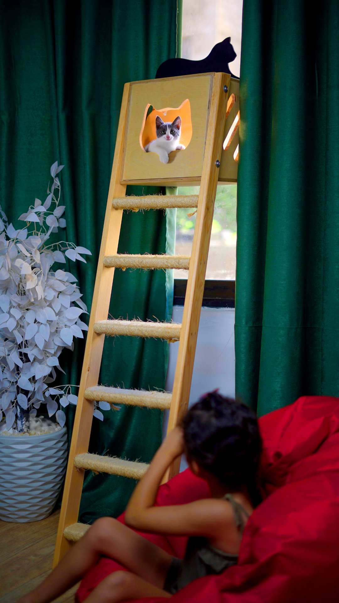 Wooden Window Box with Sizzle-Rope Stairs for Cat, Purrfect View Window Box, Sizzle Stairs Window Retreat