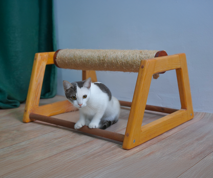 Wooden cat Scratching Post, Cat Scratcher, Horizontal Floor cat, Scratching Post Triangle Cap,, Modern cat Furniture