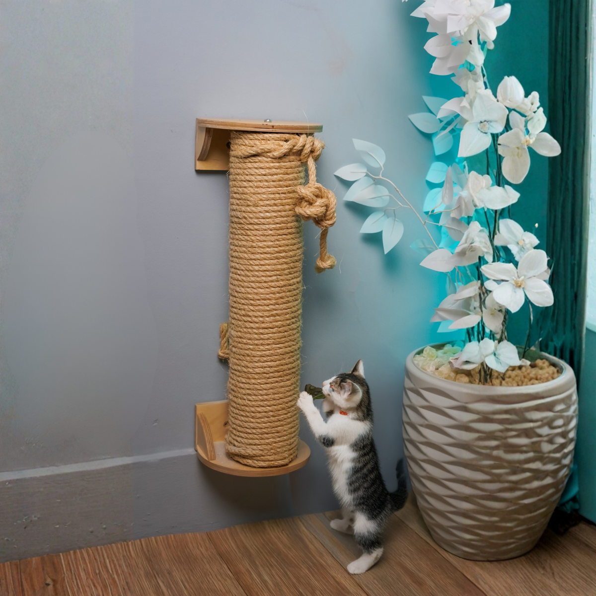 Wall-Mounted Sisal Scratching Post for CAT, Space-saving jute rope pillar with play knot for playful stretch & claw care.