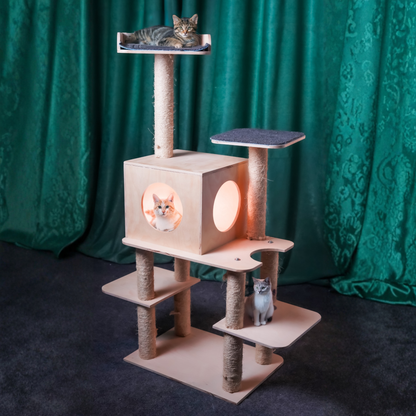 Large Cat Tree House with Scratching Posts, Multi-Level Wooden Wall-Mounted Playground & Shelter
