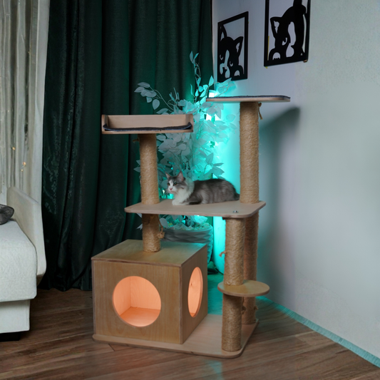 Modern Wooden Medium Cat Tree House, Multi-Level Climbing Tower & Lounge Box with scratching post and playground for CAT