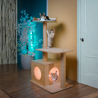 Multi-Level Small Cat Tree House with Natural Sisal Scratching Posts & Cozy Cubby Hole, The EcoClimb Modern Wooden Haven